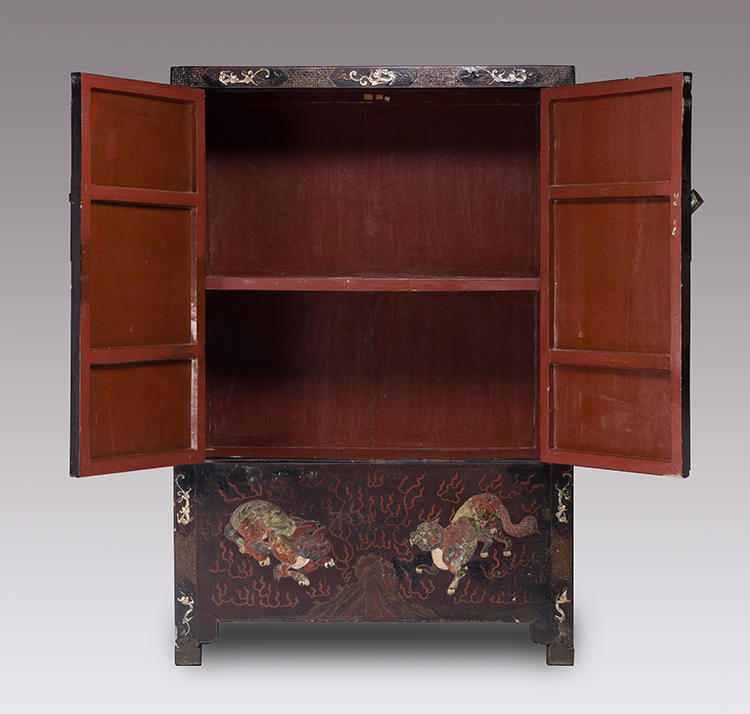 A Rare Chinese Soapstone and  Mother-of-Pearl Inlay Black Lacquer Cabinet, 18th/19th Century by Chinese Artist