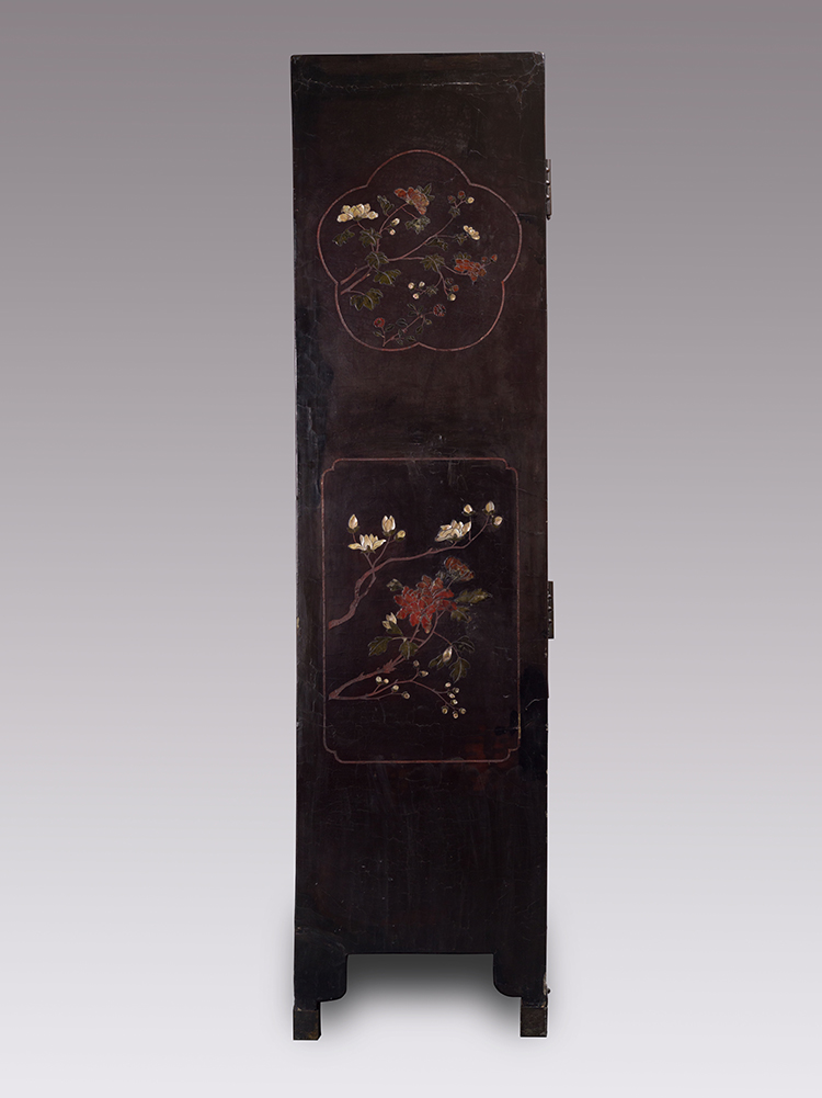 A Rare Chinese Soapstone and  Mother-of-Pearl Inlay Black Lacquer Cabinet, 18th/19th Century by Chinese Artist