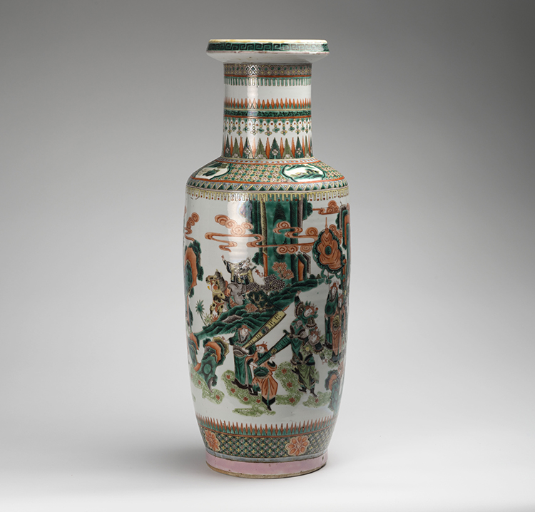 An Unusual and Large Chinese Famille Verte Figural Rouleau Vase, Late 19th Century by  Chinese Art