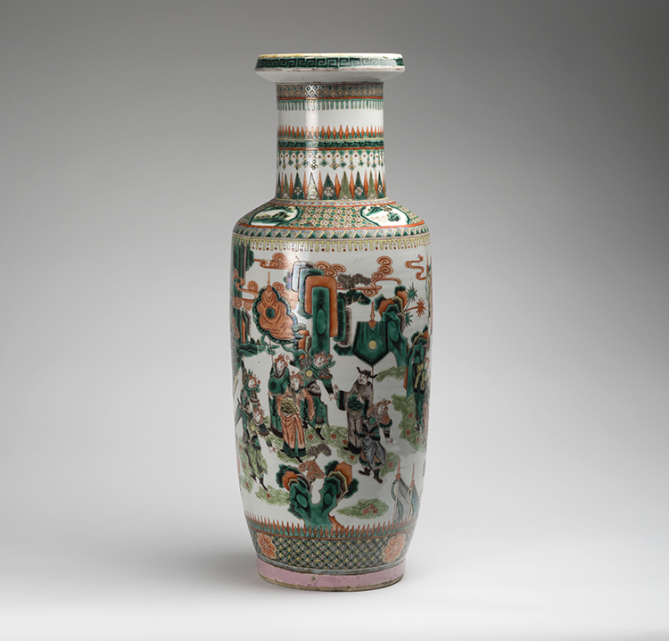 An Unusual and Large Chinese Famille Verte Figural Rouleau Vase, Late 19th Century by  Chinese Art
