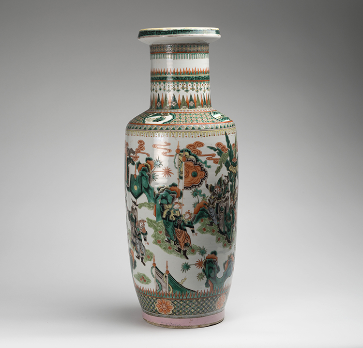 An Unusual and Large Chinese Famille Verte Figural Rouleau Vase, Late 19th Century by  Chinese Art