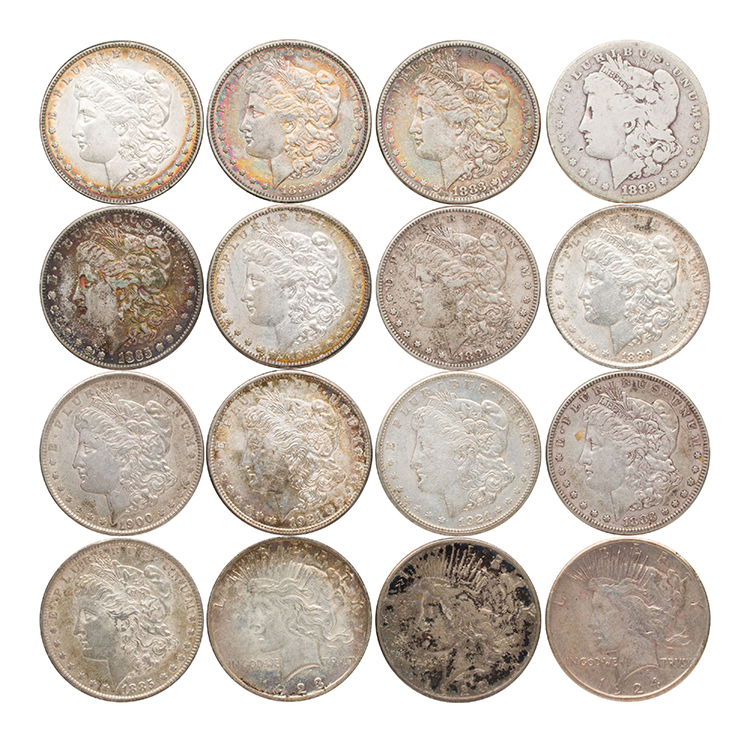 Lot of 16 USA Silver Dollars, Morgan and “Peace” – Assorted Years and Mint Marks par  USA