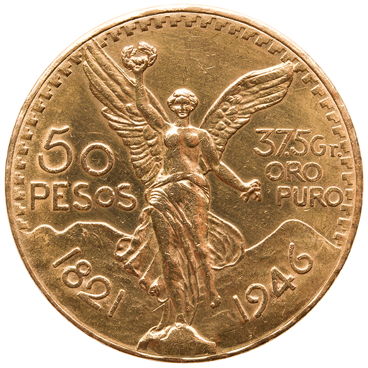 Republic Gold 50 Pesos 1946, “Quasquicentennial of Independence” by  Mexico