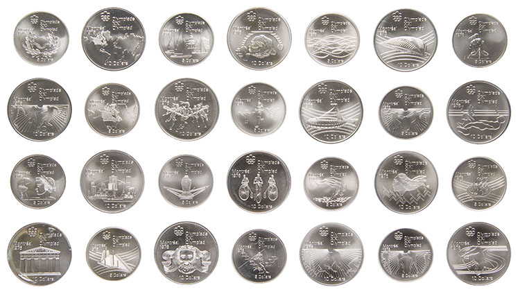 28-Piece Elizabeth II Silver Matte Uncirculated Set of $5 and $10, Series I through VII, “Montreal Olympics” by  Canada