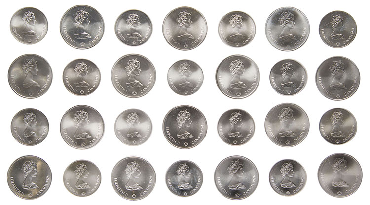 28-Piece Elizabeth II Silver Matte Uncirculated Set of $5 and $10, Series I through VII, “Montreal Olympics” by  Canada