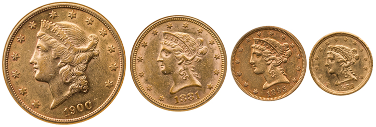 4-Piece Gold Set including $2 ½, $5, $10, and $20 "Coronet Head," Assorted Years XF-AU par  USA