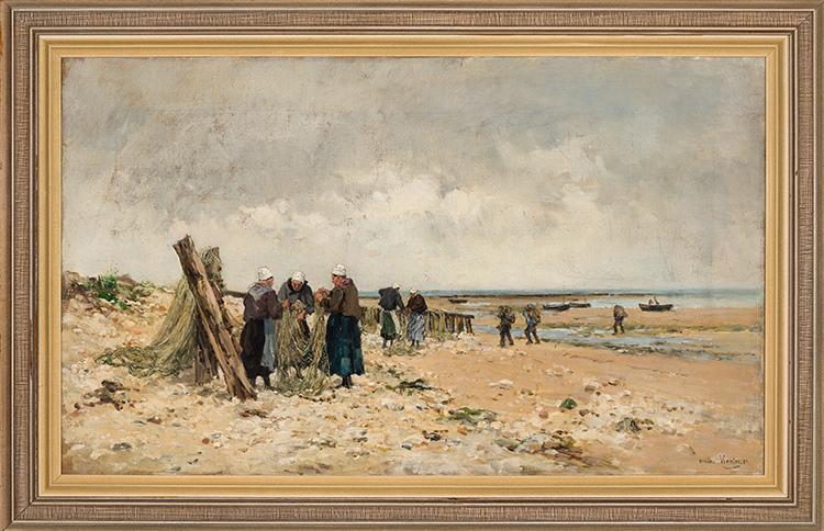 Mending Nets on the Beach by Emile Louis Vernier