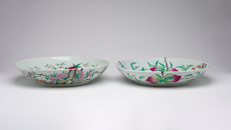 A Pair of Large Chinese Famille Rose 'Nine Peaches' Shallow Bowls, Republican Period (1911-1949) by  Chinese Art