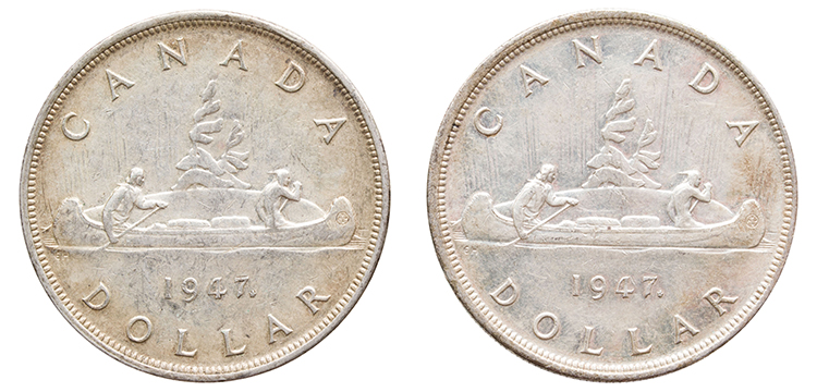 Two George VI Dollars 1947 ML “Maple Leaf” par  Canada