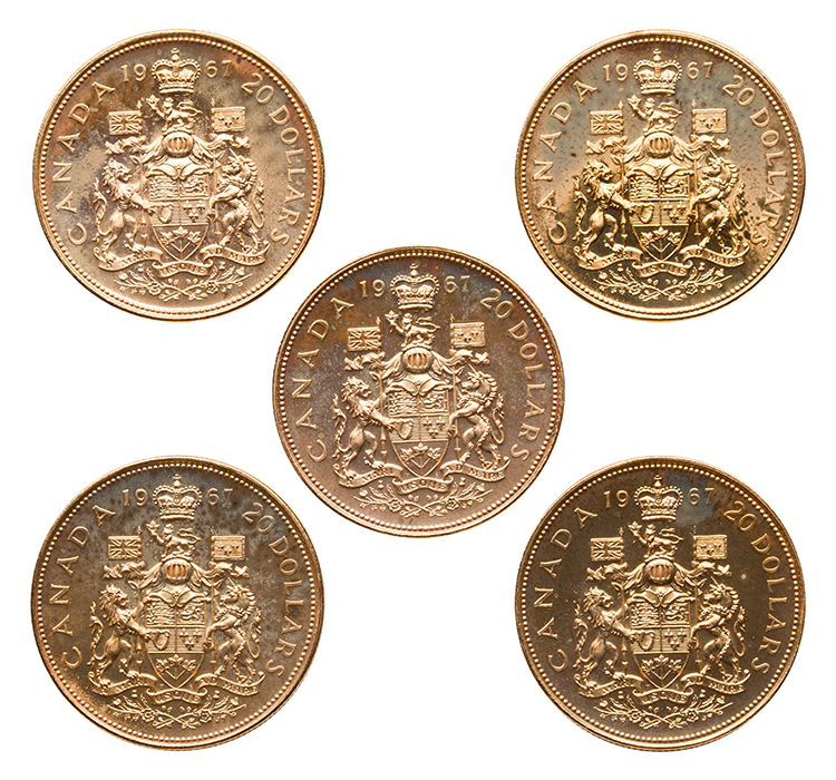 Five Elizabeth II Gold Specimen 20 Dollars 1967, “Confederation Centennial – Canadian Coat of Arms” par  Canada