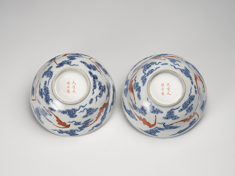 A Pair of Chinese Blue, White and Iron Red 'Wufu' Ogee Bowls and Cover, Guangxu Mark and Period (1875-1908) by  Chinese Art