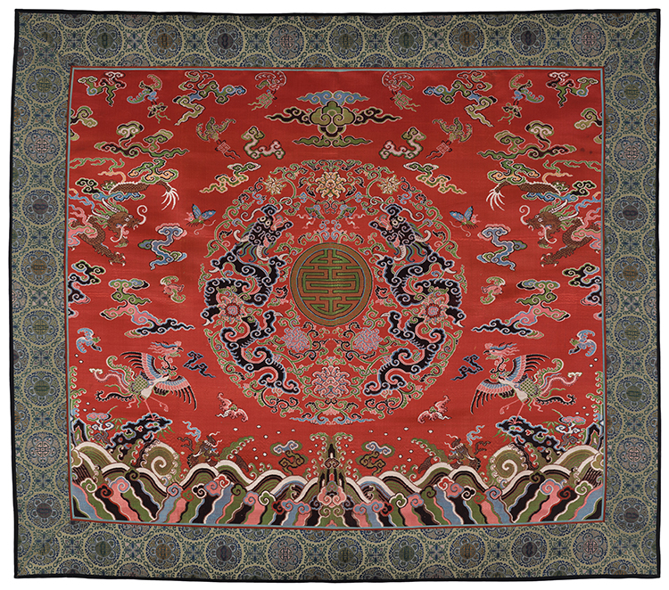 A Chinese Red Silk Ground Dragon and Phoenix Wedding Panel, 19th Century par  Chinese Art