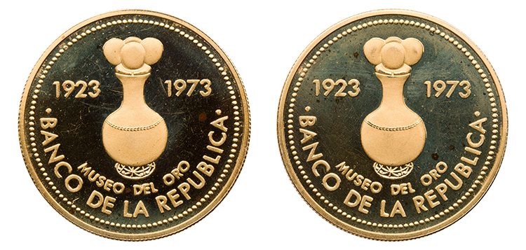 Two Republic Gold Proof 1500 Pesos 1973, "50th Anniversary – Gold Museum of Central Bank of Bogota" by  Colombia