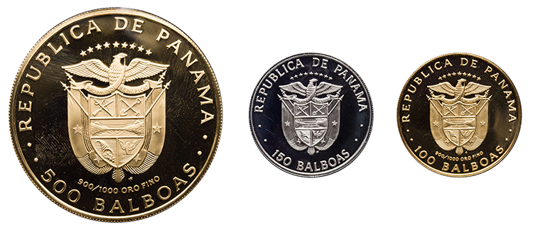 Republic Gold Proof 100 and 500 Balboas 1976, "Vasco Núñez de Balboa," and Platinum Proof 150 Balboas 1976, “150th Anniversary of the Panamanian Congress” par  Panama