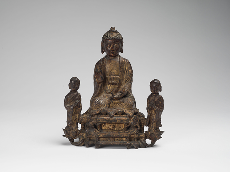 A Chinese Gilt Lacquer Bronze Buddha and Attendants Group, Ming Dynasty, 16th/17th Century by  Chinese Art