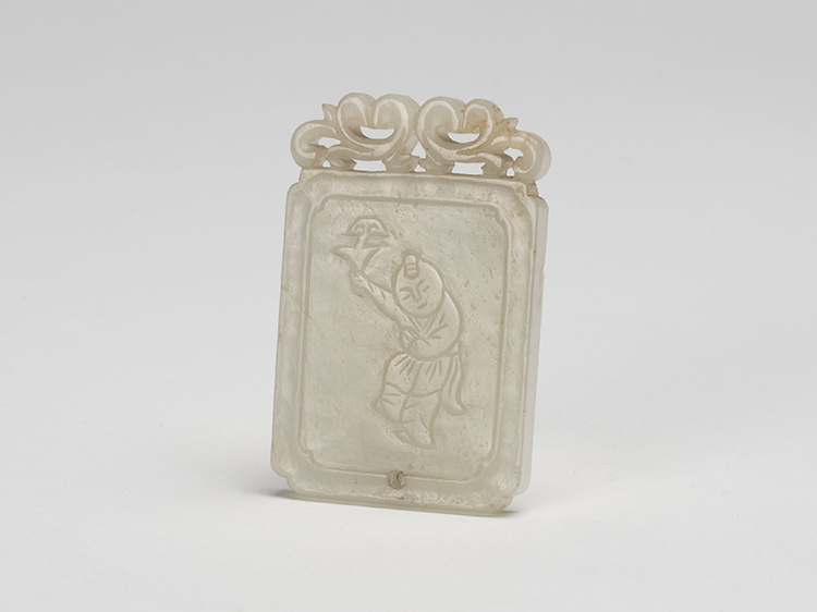 A Chinese Pale Celadon Jade 'Boy' Rectangular Pendant, Late Qing Dynasty par  Chinese Art