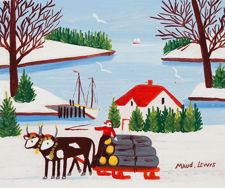 Oxen Pulling Logs by Maud Lewis