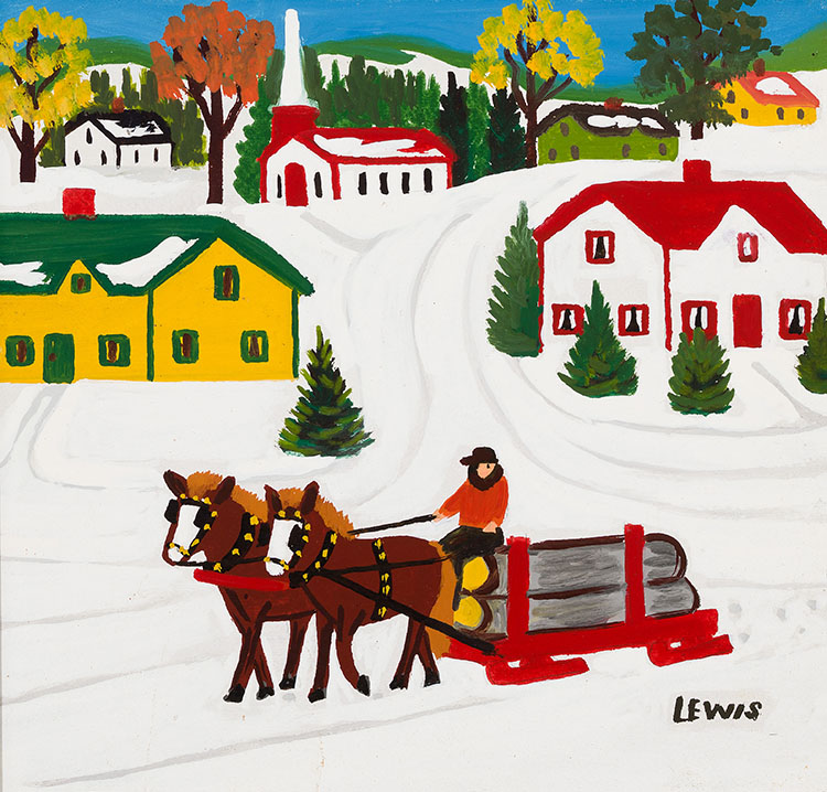 Horses Pulling Logging Wagon in Winter by Maud Lewis