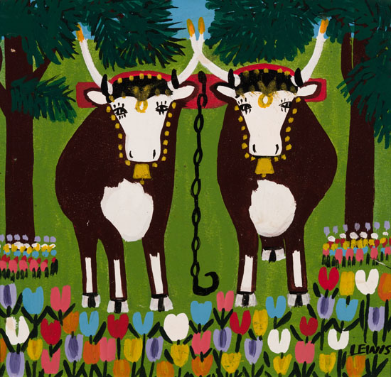 Two Oxen with Tulips par Maud Lewis