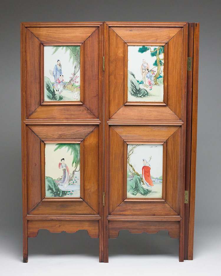 A Chinese Four Panel Rosewood and Famille Rose Porcelain Inlay Table Screen, Republican Period, Circa 1920's by  Chinese Art