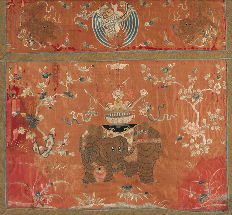 A Large Silk Embroidered "Dragon" Altar Panel Fragment, Mid-19th Century and a Silk Hanging Festival with Crane, Fu-Lions, and Elephant, circa 1900 par  Chinese Art