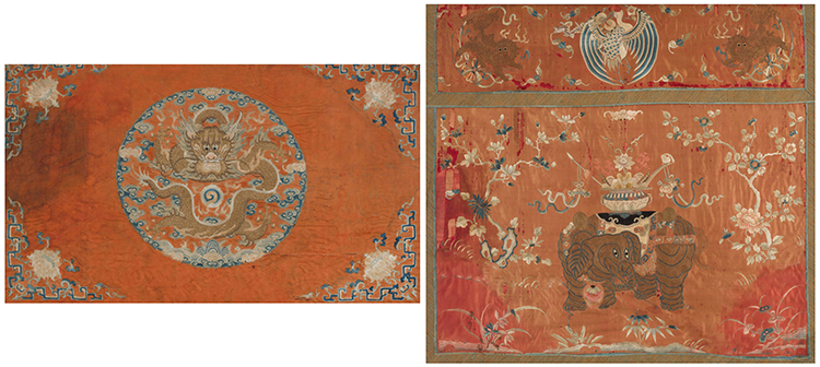 A Large Silk Embroidered "Dragon" Altar Panel Fragment, Mid-19th Century and a Silk Hanging Festival with Crane, Fu-Lions, and Elephant, circa 1900 by  Chinese Art