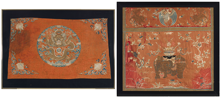 A Large Silk Embroidered "Dragon" Altar Panel Fragment, Mid-19th Century and a Silk Hanging Festival with Crane, Fu-Lions, and Elephant, circa 1900 by  Chinese Art