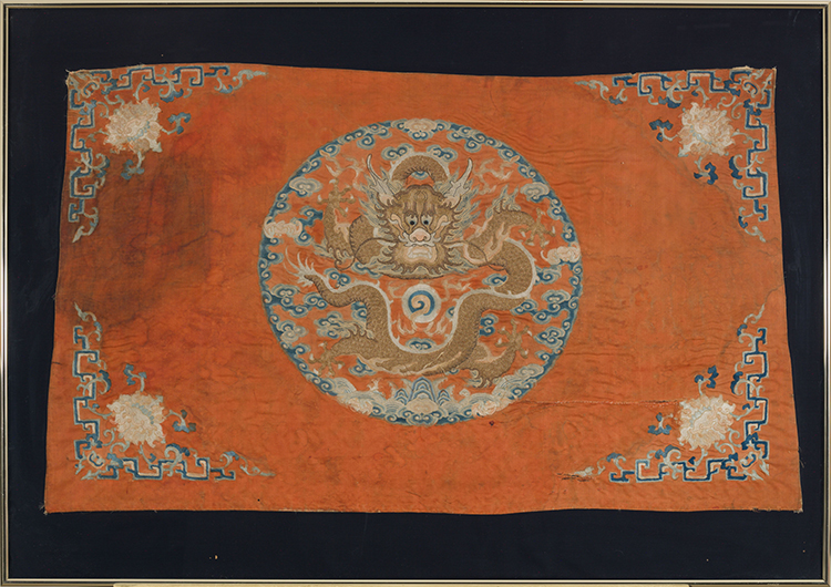 A Large Silk Embroidered "Dragon" Altar Panel Fragment, Mid-19th Century and a Silk Hanging Festival with Crane, Fu-Lions, and Elephant, circa 1900 by  Chinese Art
