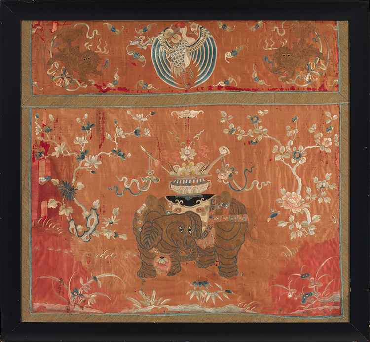 A Large Silk Embroidered "Dragon" Altar Panel Fragment, Mid-19th Century and a Silk Hanging Festival with Crane, Fu-Lions, and Elephant, circa 1900 par  Chinese Art