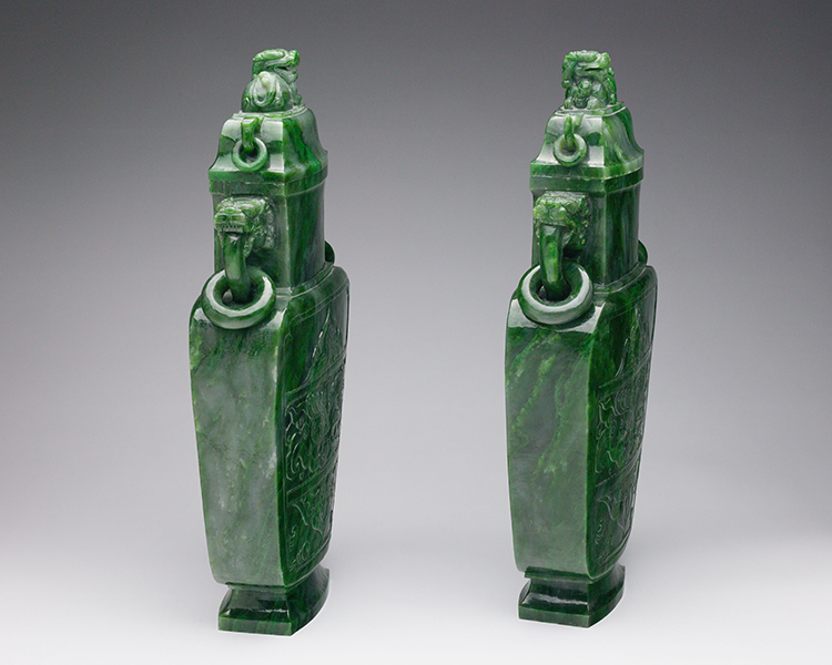 A Pair of Large Archaistic Spinach Green Jade Vases and Covers, Mid 20th Century by  Chinese Art