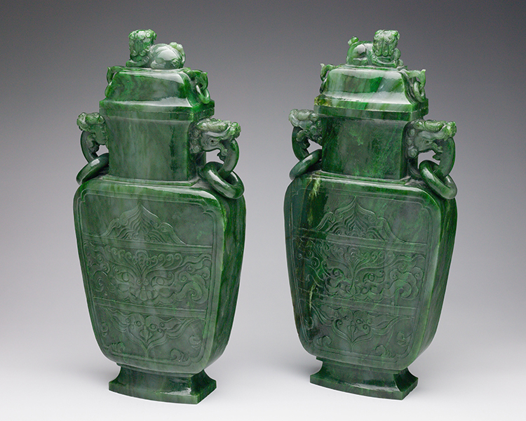 A Pair of Large Archaistic Spinach Green Jade Vases and Covers, Mid 20th Century by  Chinese Art