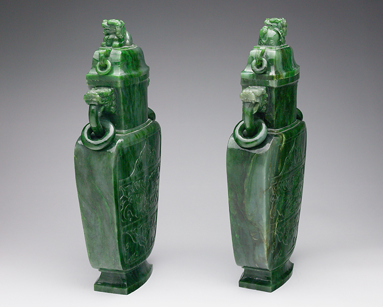 A Pair of Large Archaistic Spinach Green Jade Vases and Covers, Mid 20th Century by  Chinese Art