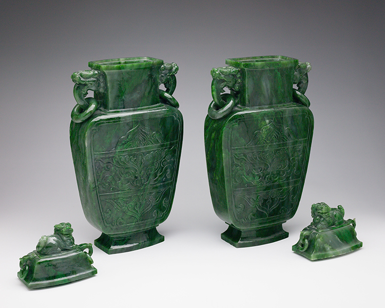 A Pair of Large Archaistic Spinach Green Jade Vases and Covers, Mid 20th Century by  Chinese Art