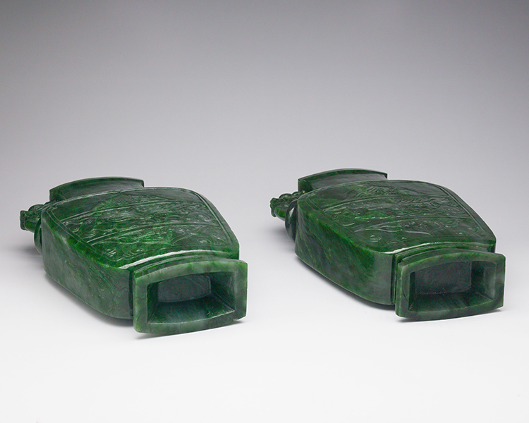 A Pair of Large Archaistic Spinach Green Jade Vases and Covers, Mid 20th Century by  Chinese Art