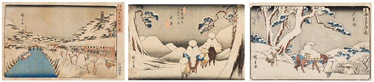 Three Views: Oi, Ishiyajushi and Akabane Bridge by Ando Hiroshige