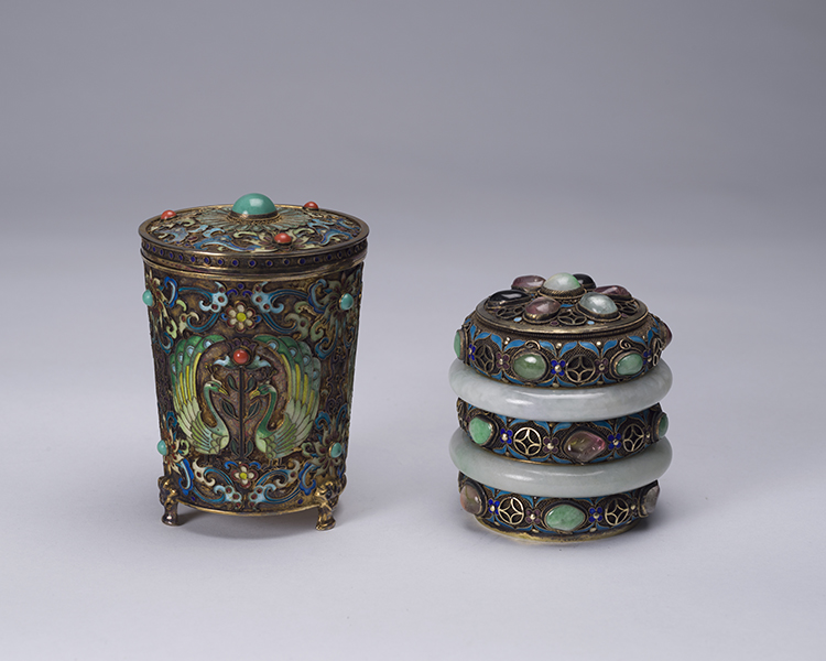 Two Chinese Enamel and Hardstone Inlay Silver Containers, Early 20th Century by  Chinese Art