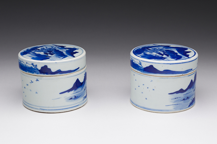 A Pair of Blue and White ‘Landscape’ Covered Boxes, 19th Century by  Chinese Art