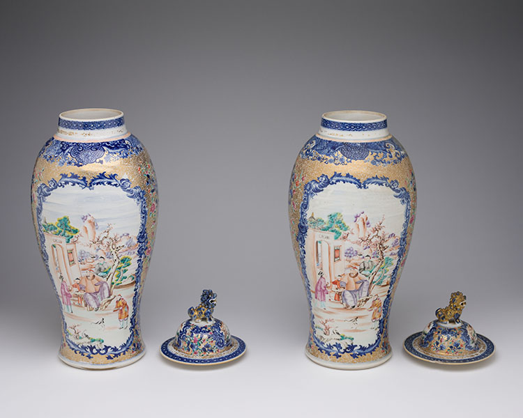 A Pair of Large Chinese Export Mandarin Rose 'Figural' Vases and Covers, Qianlong Period (1736-1795) by  Chinese Art