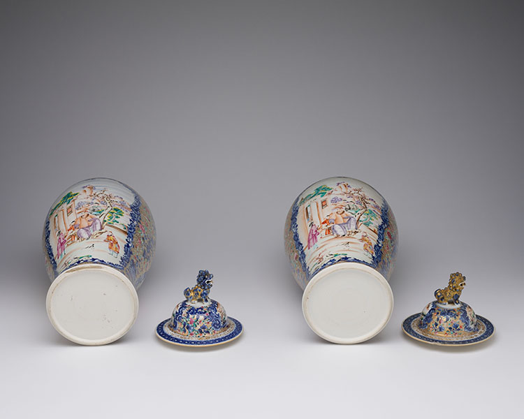 A Pair of Large Chinese Export Mandarin Rose 'Figural' Vases and Covers, Qianlong Period (1736-1795) by  Chinese Art