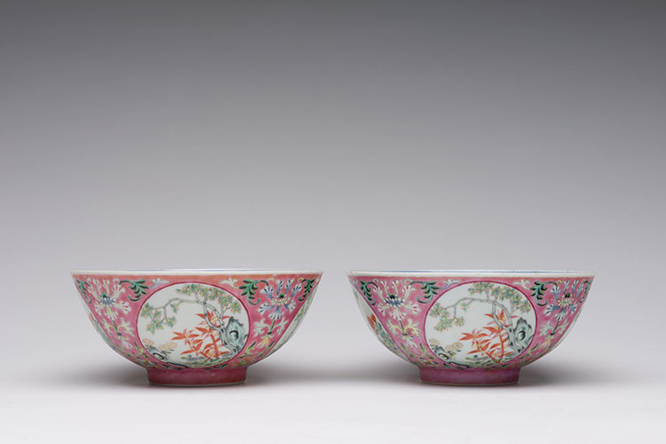A Pair of Chinese Famille Rose Pink Ground Medallion Bowls, Daoguang Period, Republican Period by  Chinese Art