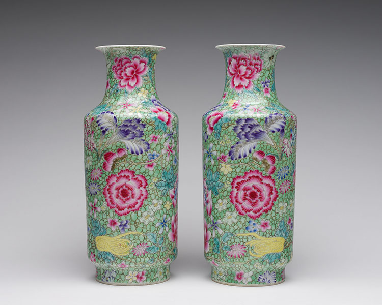 A Pair of Chinese Famille Rose 'Millefleur' Rouleau Vases, Qianlong Mark, Republican Period by  Chinese Art