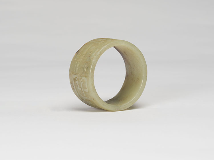 A Chinese Celadon and Russet Tubular Jade Ornament, Possibly Neolithic with Later Carving by  Chinese Art