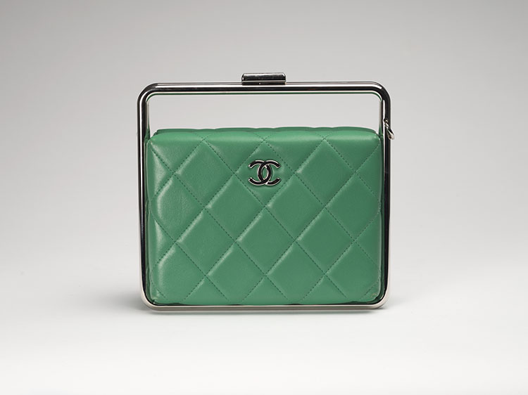 A RARE GREEN QUILTED LAMBSKIN LEATHER METAL BAR FRAME CLUTCH WITH STRAP by  CHANEL