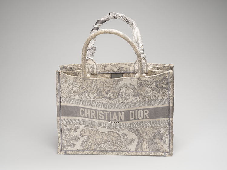 A GRAY AND ECRU TOILE DE JOUY EMBROIDERY CANVAS BOOK TOTE WITH A DIOR WHITE AND GREY TWILLY by  DIOR