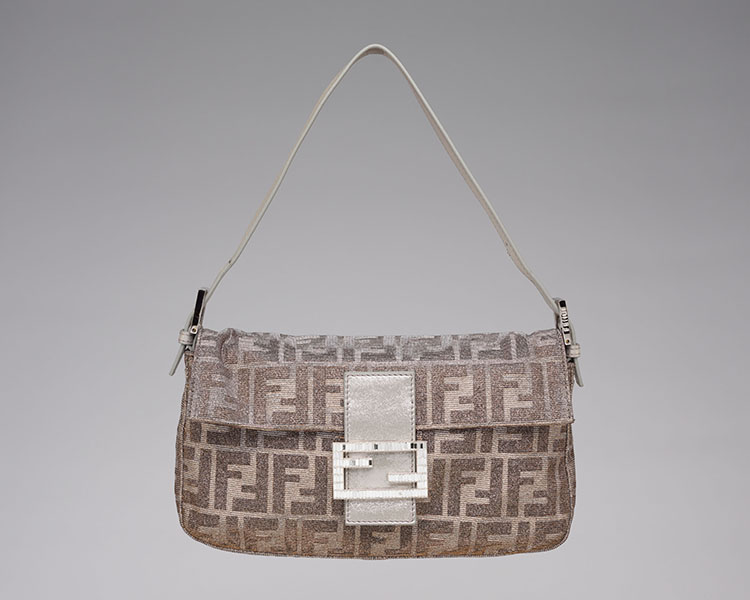 A ZUCCA FF MONOGRAM GLITTER METALLIC BAGUETTE BAG WITH SILVER HARDWARE AND CRYSTAL BUCKLE by  FENDI