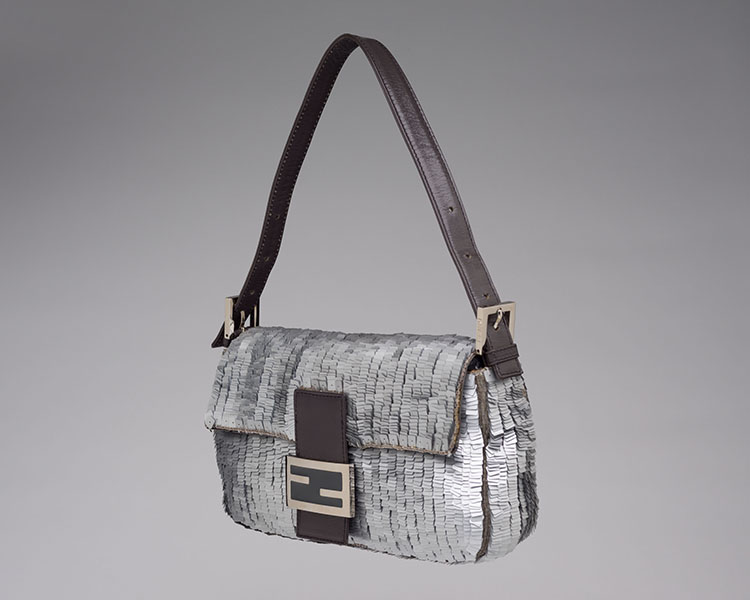 A SILVER SEQUIN EMBROIDERED BAGUETTE BAG WITH SILVER HARDWARE by  FENDI