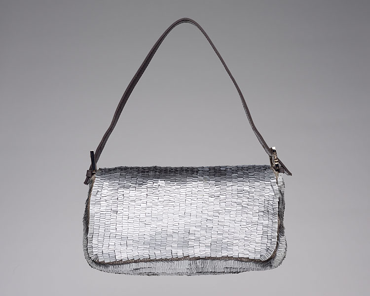 A SILVER SEQUIN EMBROIDERED BAGUETTE BAG WITH SILVER HARDWARE by  FENDI