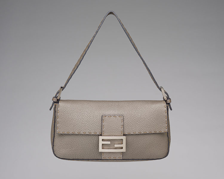 A LIMITED EDITION GREY CUOIO ROMANO LEATHER SELLERIA BAGUETTE BAG WITH PALLADIUM-FINISH HARDWARE AND 925 STERLING SILVER PLATE by  FENDI