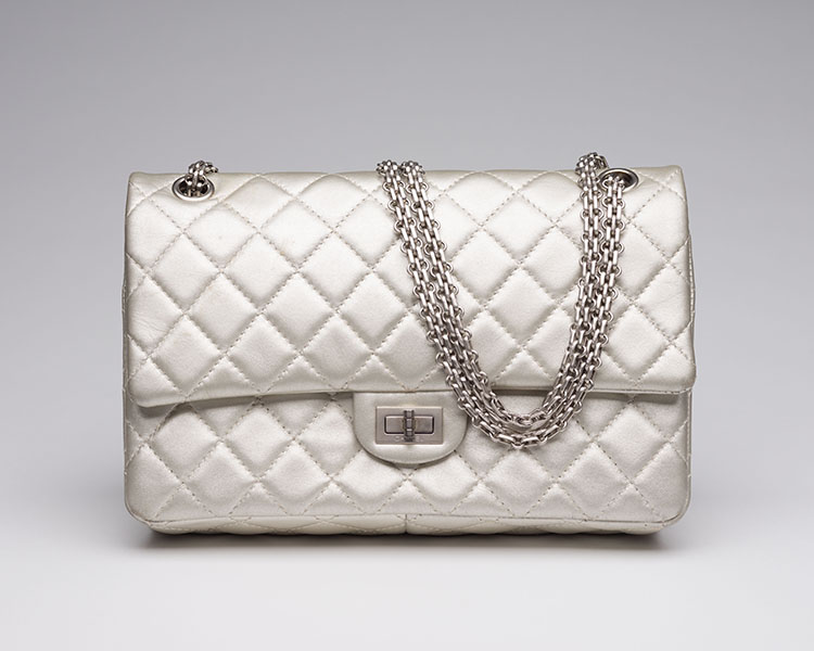 A MEDIUM SILVER QUILTED LAMBSKIN LEATHER 2.55 REISSUE DOUBLE FLAP SHOULDER BAG WITH SILVER HARDWARE by  CHANEL