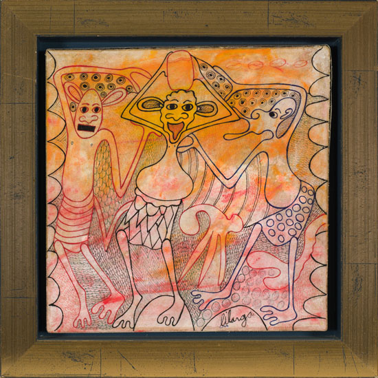Three Dancing Figures in Orange and Red par George Lilanga